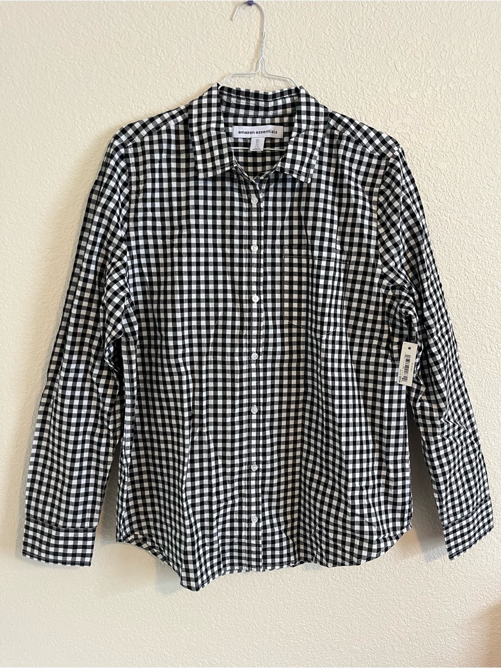 NWT Amazon Essentials Womens Black and White Gingham Checked Button Down Shirt